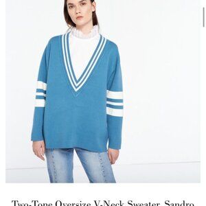 Sandro blue and white V neck sweater